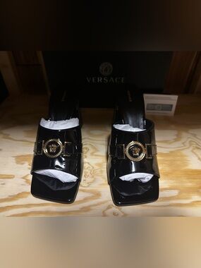 Versace Black Patent Leather Medusa-Emblem Block Heel Mules